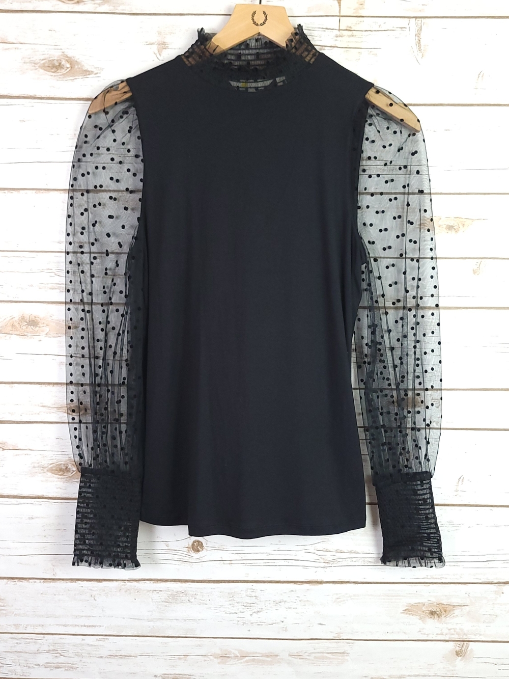 Boden Top Size 4 Black Long Sheer Puff Sleeve Mock Neck Blouse